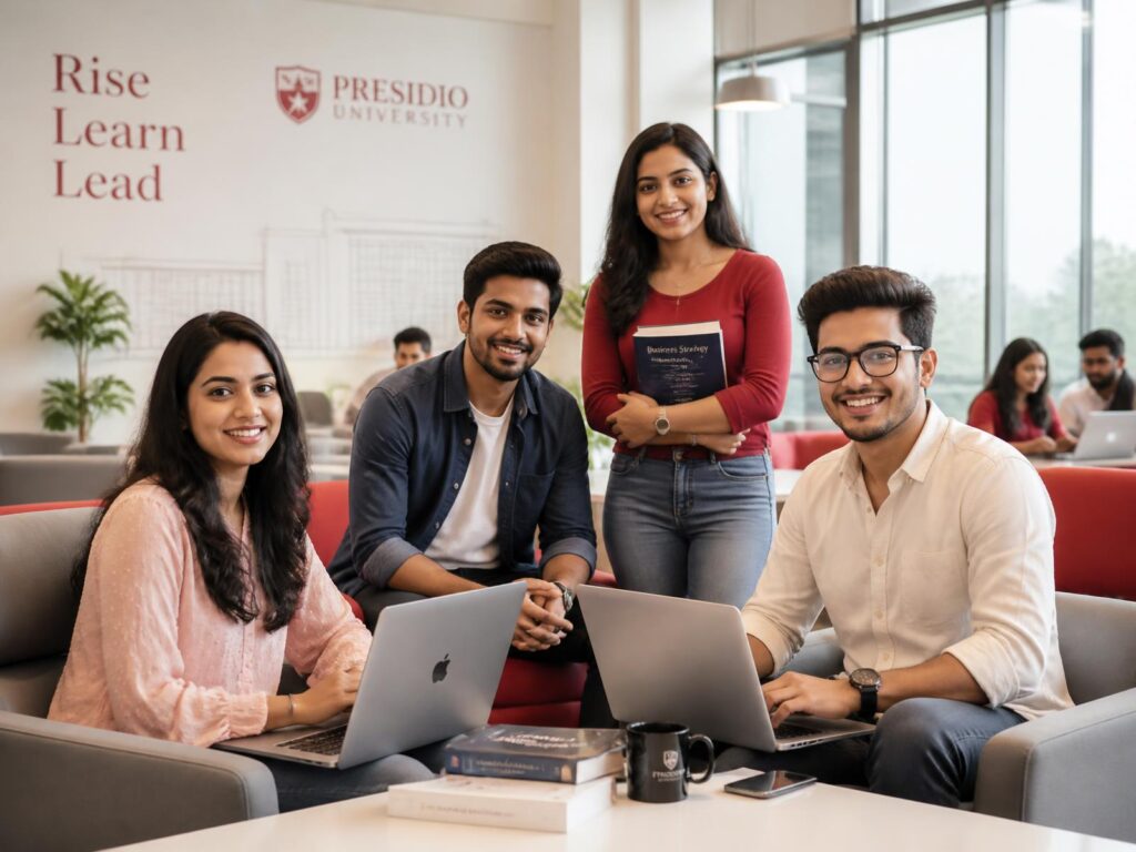 College students learning together with laptops on campus.